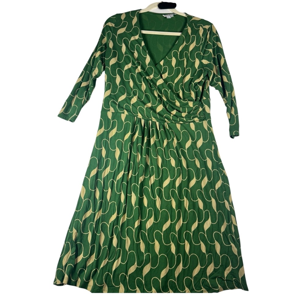 Boden Green Abstract Geometric Faux Wrap Midi Dress Long Sleeve